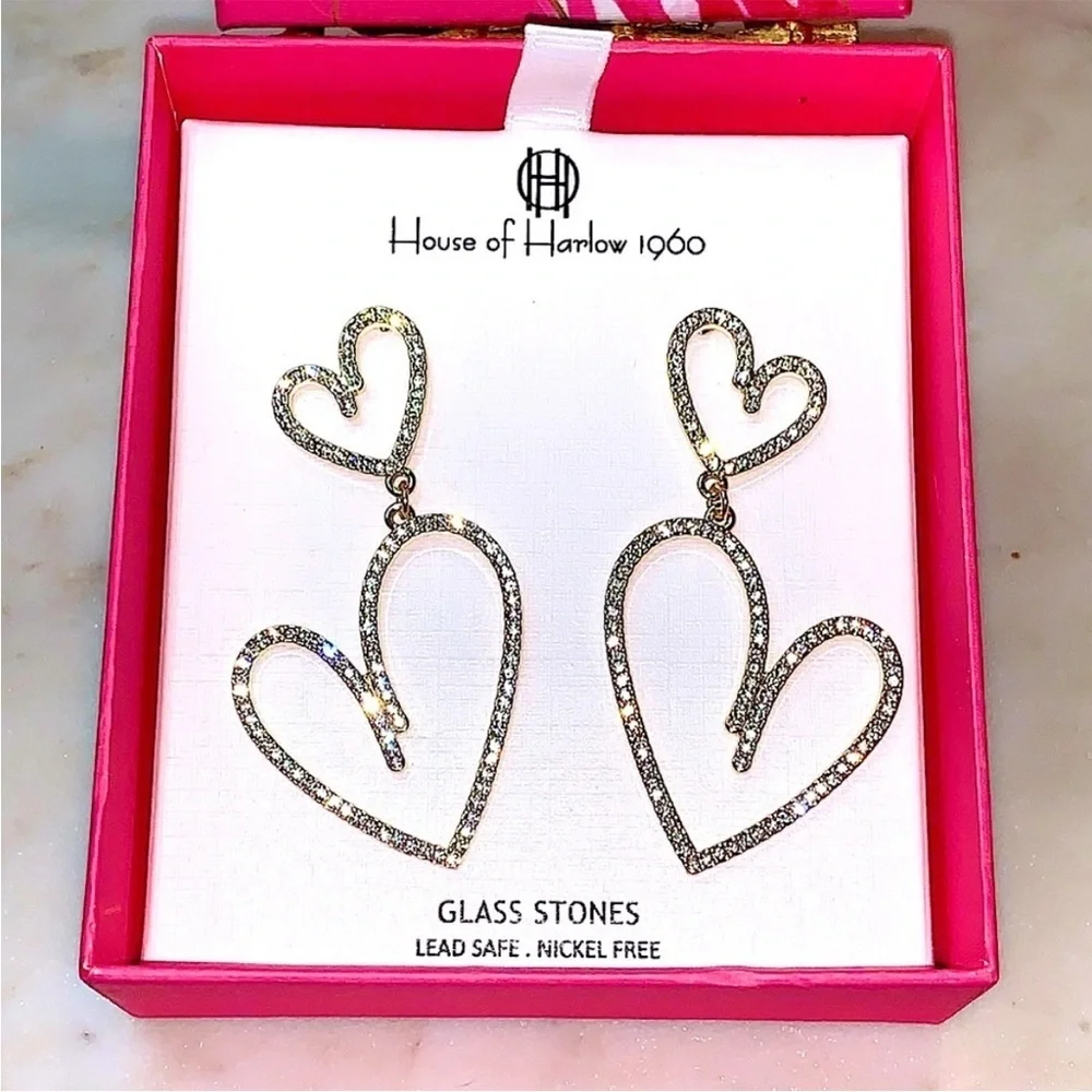 House of Harlow 1960 Gold Glass Stone Heart Earrings new in box